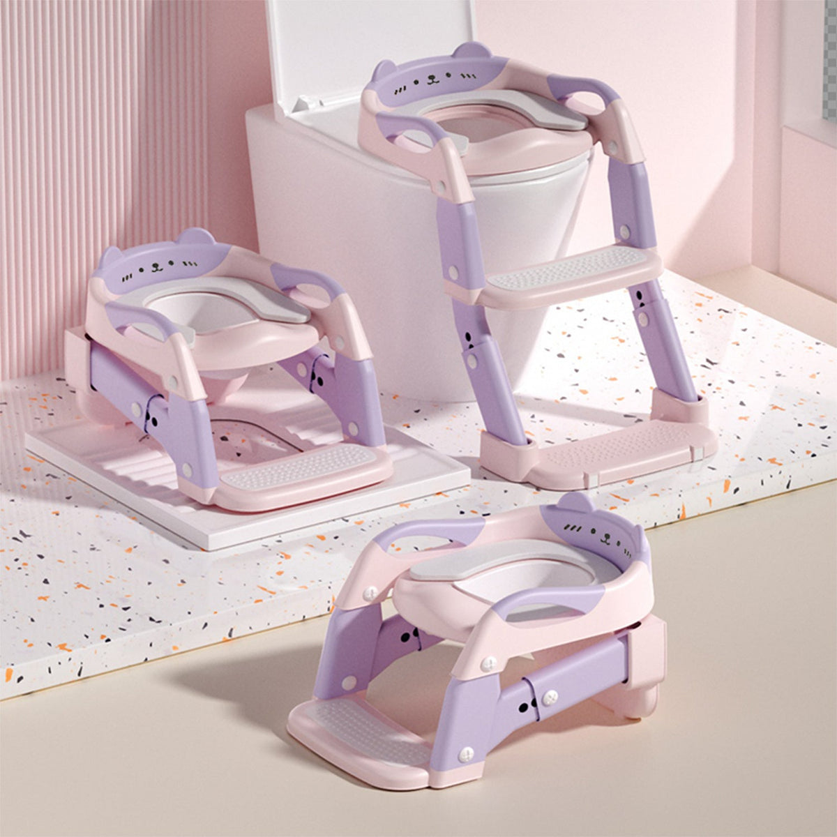 3-in-1 Potty Training Seat, Training Toilet & Potty Chair for Toddlers, Height Adjustable Foldable with Splash Guard & Anti-Slip Steps for Boys & Girls, 4 Colors Including Purple Green Grey & Blue