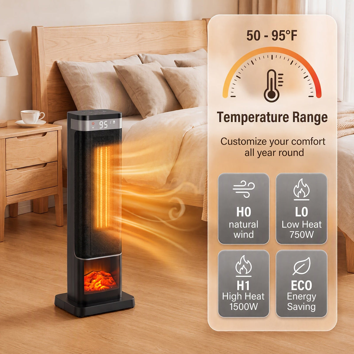 1500W Tower Space Heater 24 Inch Ceramic Fast Heating Remote Control Thermostat 4 Modes 12H Timer Overheat Tip-Over Protection Quiet for Large Room Bedroom Office Black Gold Silver
