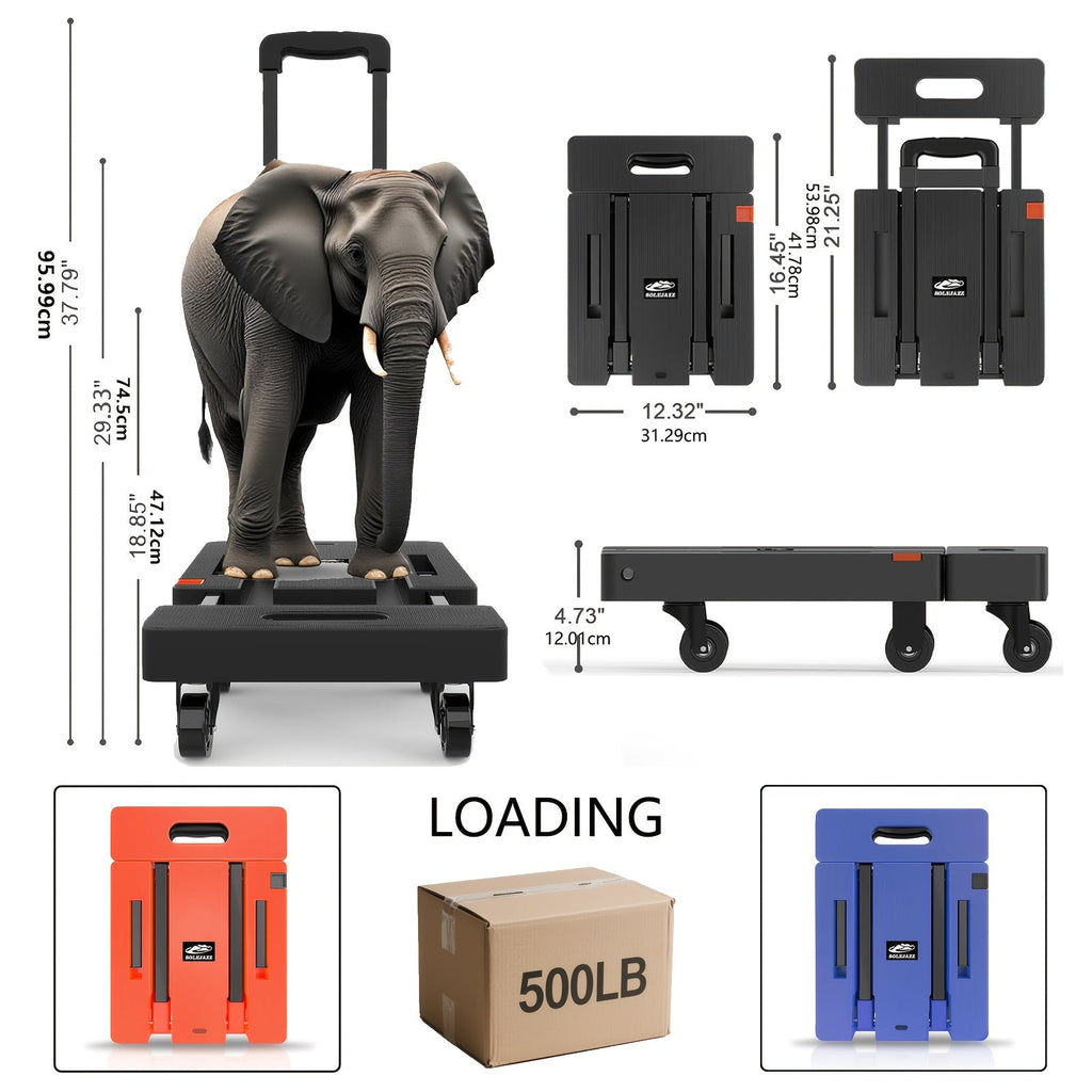 500LB Collapsible Hand Trolley & Utility Dolly with 6 Wheels - Foldable Luggage Cart with 2 Elastic Straps for Moving, Travel, Shopping, Warehouse, Office - 4 Options