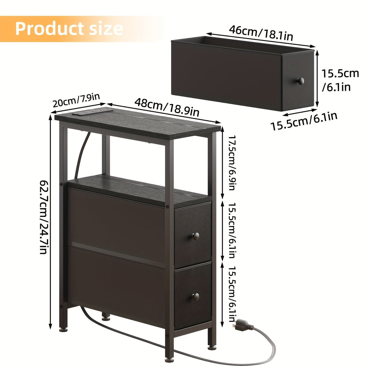 TOMNK Narrow End Table with Charging Station 2 Fabric Drawers Slim Nightstand & Skinny Side Table for Bedroom Living Room Small Spaces & Couch – Black or Brown