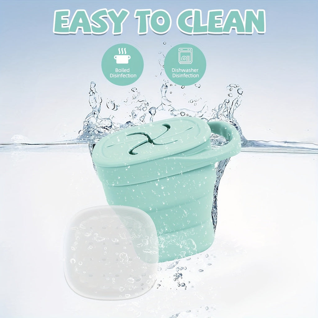 TYRY.HU Collapsible Silicone Snack Container for Kids, Space-Saving Food-Grade Portable Snack Cup with Dustproof Lid, Dishwasher Safe, 3 Colors Including Pink Green & Beige