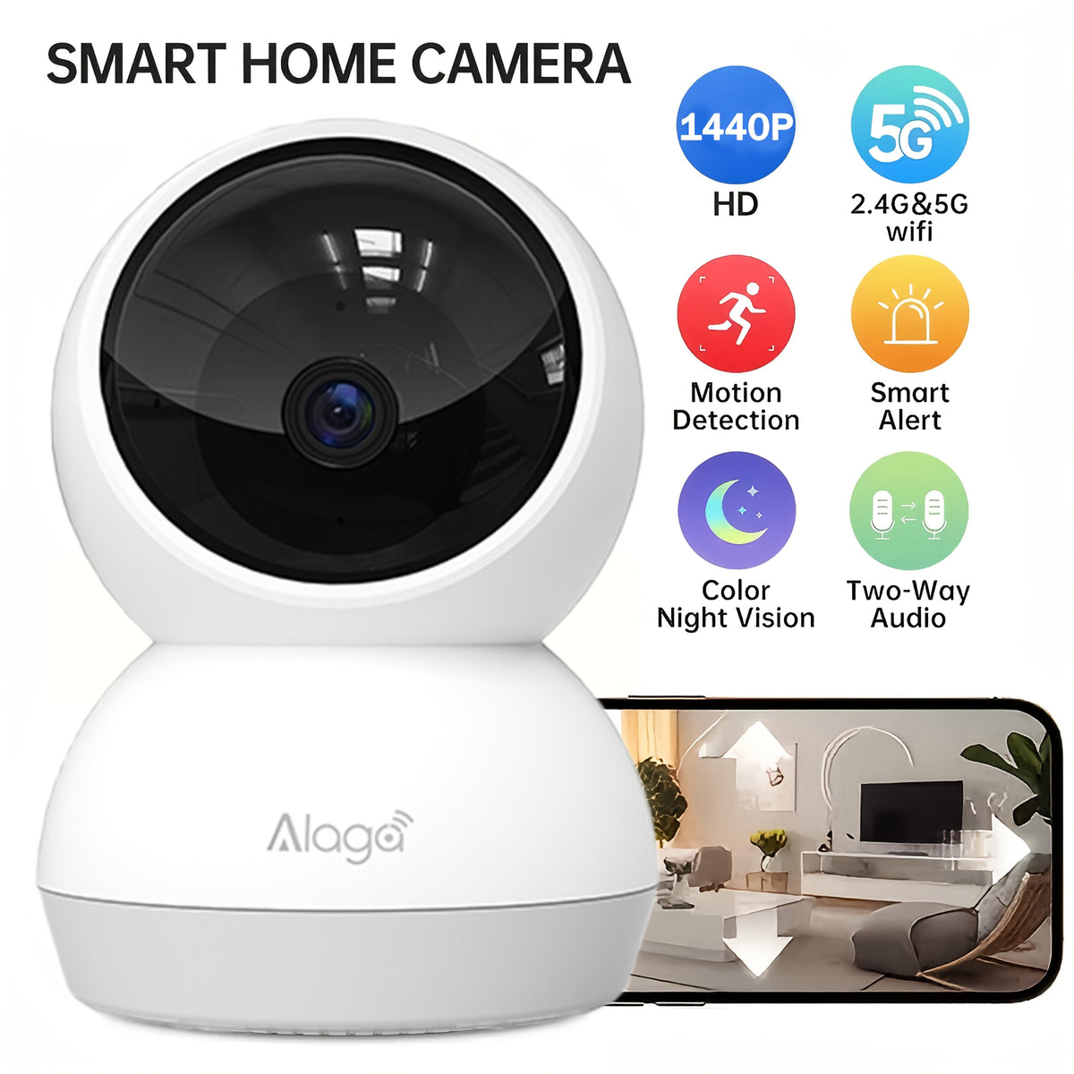 Alaga 2K Indoor Security Camera with Audio, AI Motion Detection Baby Monitor, 2.4G/5G WiFi Night Vision 2-Way Talk, Cloud & SD Card Storage, ABS, White & Black