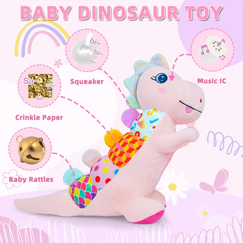 Musical Plush Stuffed Dinosaur Baby Toy with Teether, Crinkle Texture, Squeaky & Rattle, Multi-Sensory Infant Toy for 0-3-6-12+ Months, 3 Colors Including Pink Purple & Blue