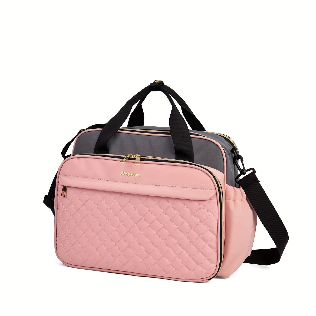 High-Capacity Quilted Oxford Diaper Bag with Crossbody Strap, Multi-Functional Large Capacity Baby Bag for Travel & Daily Use, Stylish Mom Bag in Black Grey & Pink Grey