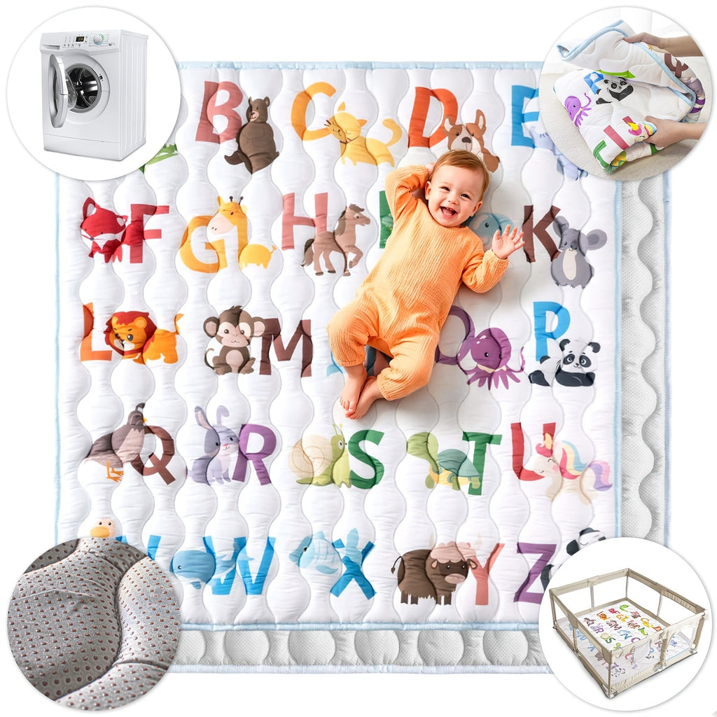 Baby Play Mat 50x50", Super Soft Anti-Slip Machine Washable Playpen Crawling Activity Mat for Floor & Picnic, Animal Alphabets, Boho Nature, Rainbow, Geometry, High Contrast, USA Map & Vehicles