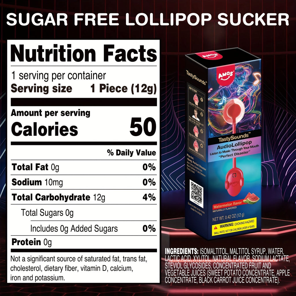 Amos TastySounds Music Lollipop Candy - 5-Pack Singing Audio Suckers, Individually Wrapped - Strawberry, Blueberry & Watermelon - Buy 4 Get 1 Free