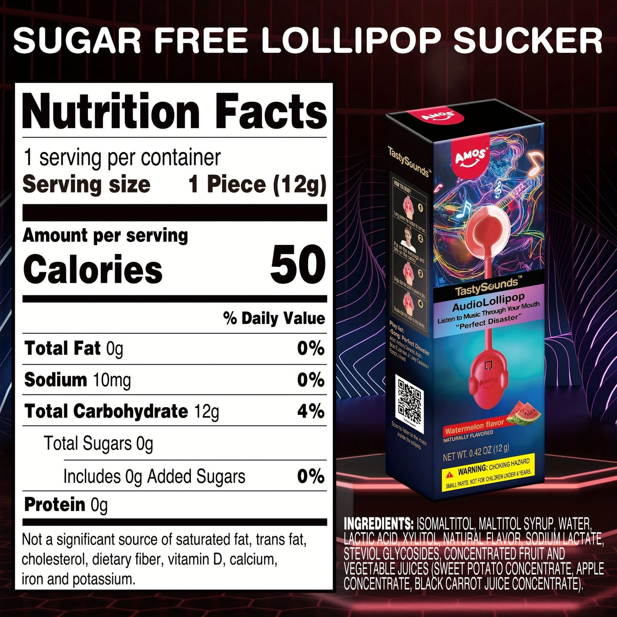 Amos TastySounds Music Lollipop Candy - 5-Pack Singing Audio Suckers, Individually Wrapped - Strawberry, Blueberry & Watermelon - Buy 4 Get 1 Free