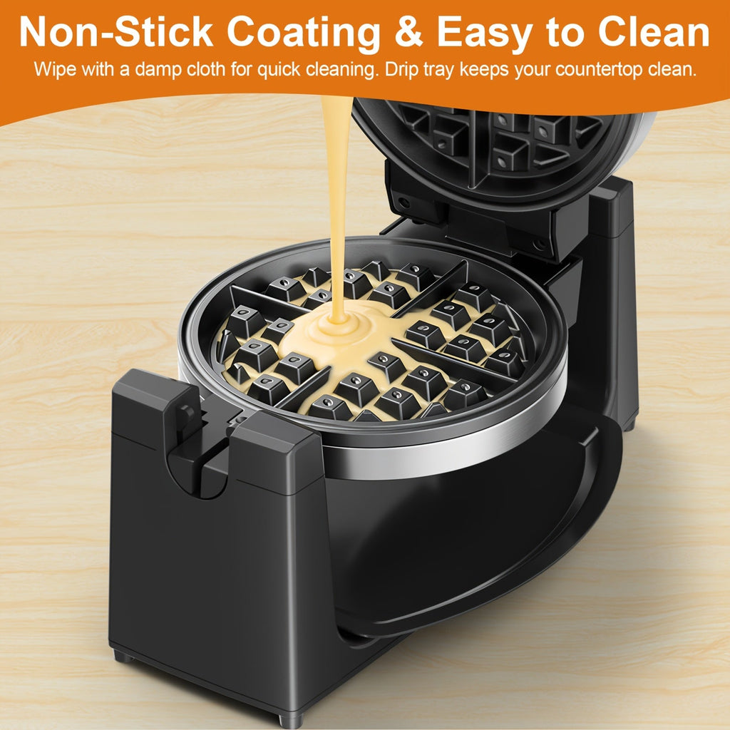 Rotating Belgian Waffle Maker - 180° Flip Waffle Iron, Non-Stick Plates, Adjustable Browning Control, Foldable Cool-Touch Handle, Removable Drip Tray, Space-Saving Stainless Steel Design - Silver & Black Double Iron
