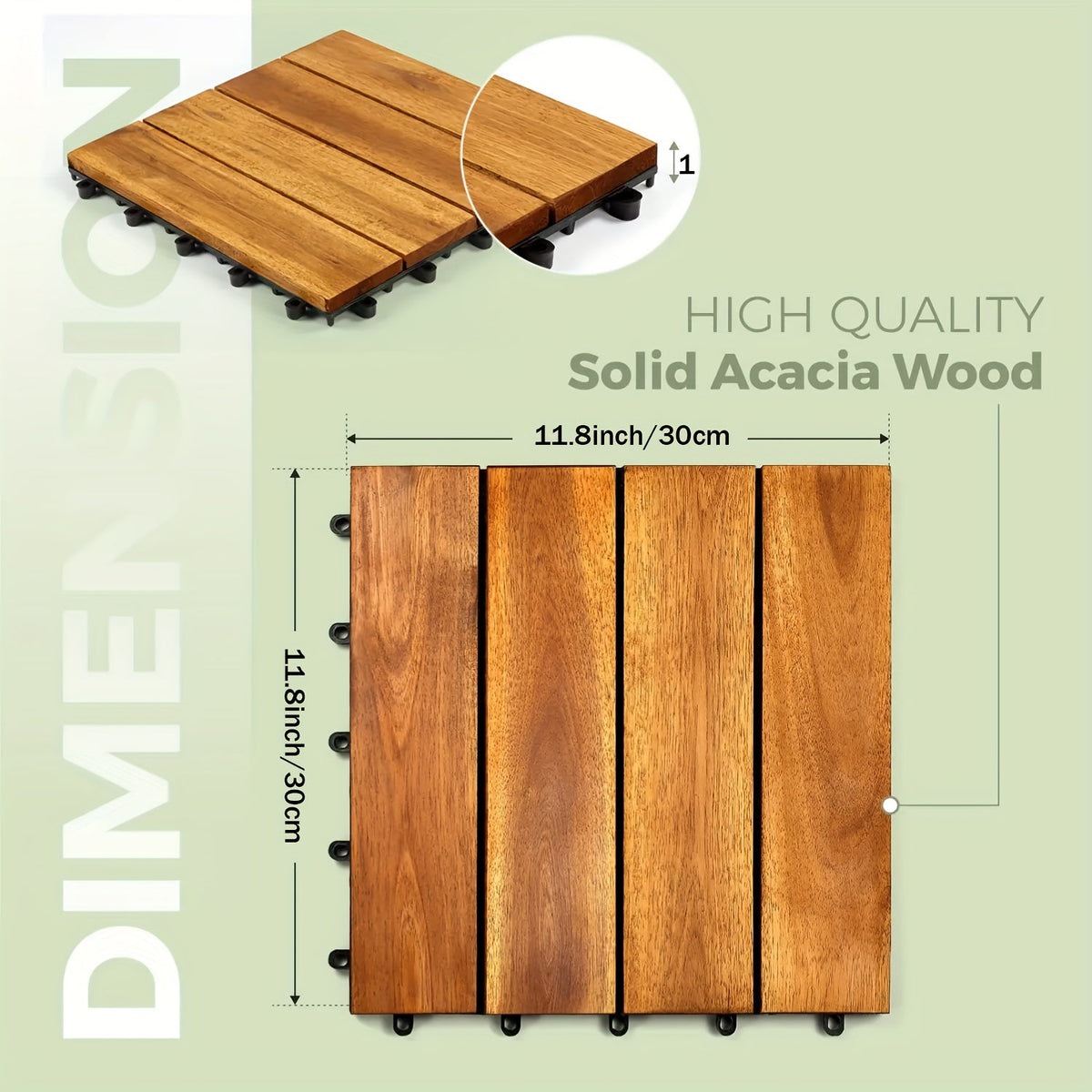 Solid Acacia Wood Interlocking Patio Deck Tiles 12"x12" – 10 or 27-Pack Waterproof Indoor Outdoor Flooring for Balcony Backyard Poolside Checkerboard Pattern