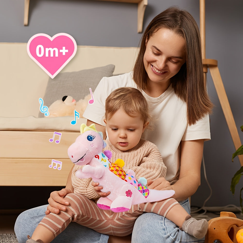 Musical Plush Stuffed Dinosaur Baby Toy with Teether, Crinkle Texture, Squeaky & Rattle, Multi-Sensory Infant Toy for 0-3-6-12+ Months, 3 Colors Including Pink Purple & Blue