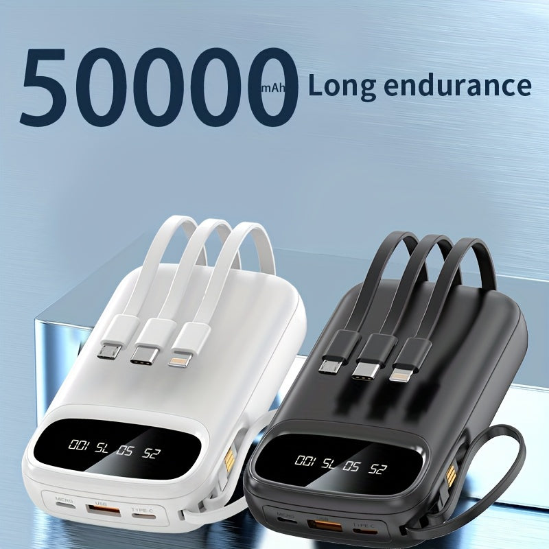 50000mAh Portable Power Bank with 4 Cables & LED Display - Fast Charging Battery Pack for iPhone Android, Lanyard Included, Emergency Backup Charger for Travel Outdoor Camping - 2 Colors
