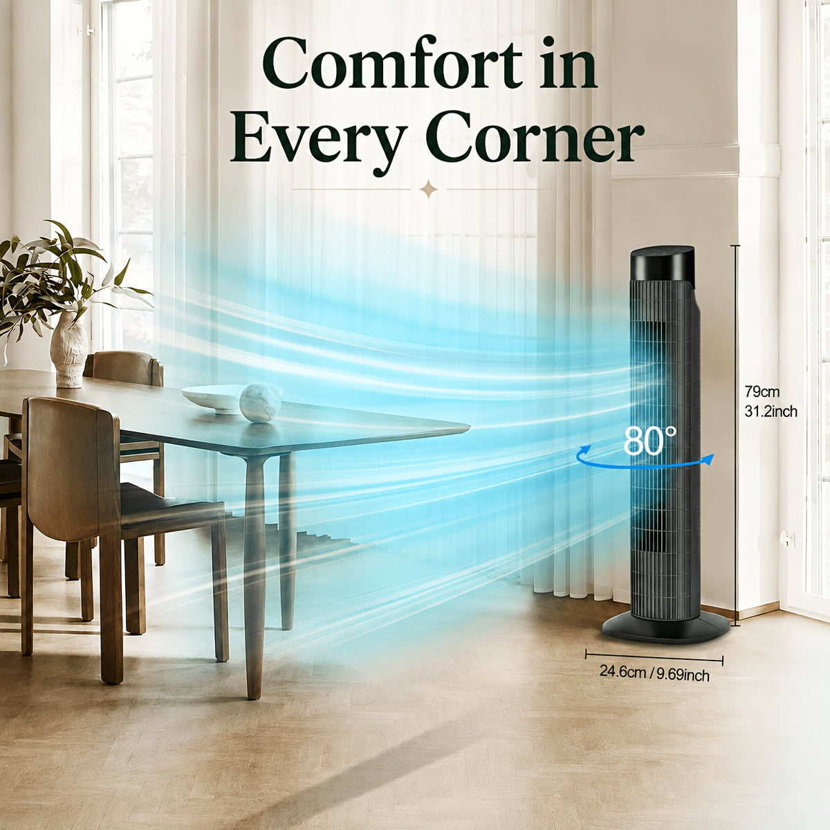 31" Quiet Tower Fan with Remote Control & 80° Oscillation - 3 Speeds, 7.5H Timer, Bladeless Standing Fan for Bedroom Living Room Office, Energy Efficient, Slim Design - 4 Colors