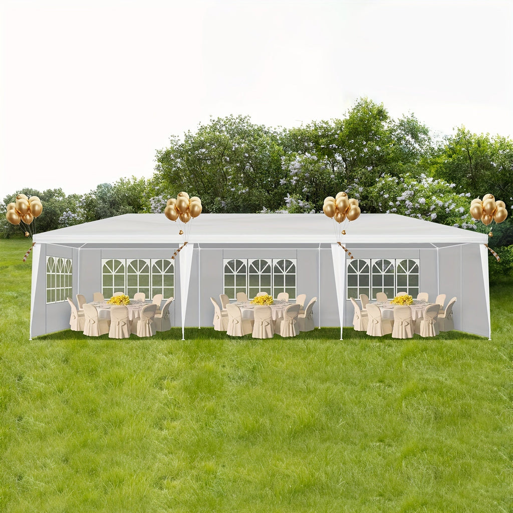 10x30 Ft Outdoor Party Tent Canopy, 8 Removable Sidewalls with Windows, Waterproof PE Cloth & Iron Frame, for Wedding, Party, Patio, Parking & Gazebo, White/Blue/Black, Accessories Included