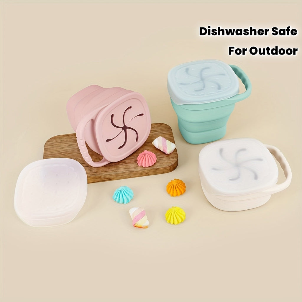 TYRY.HU Collapsible Silicone Snack Container for Kids, Space-Saving Food-Grade Portable Snack Cup with Dustproof Lid, Dishwasher Safe, 3 Colors Including Pink Green & Beige