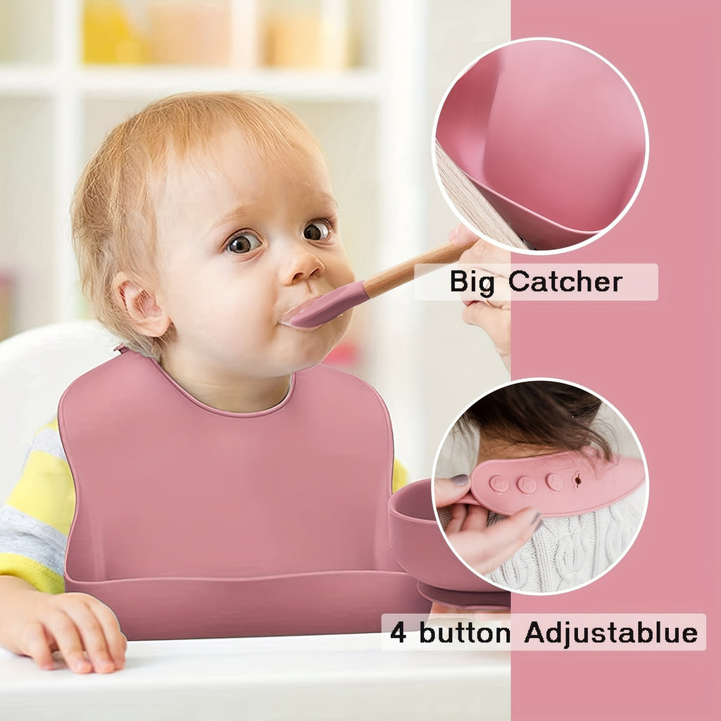 8-Piece Silicone Baby Feeding Set, Suction Bowl, Divider Plate, Spoon, Fork, Sippy Cup & Adjustable Bib, Self-Feeding Toddler Tableware for Ages 0-3, Beige, Dark Green, Gray Blue, Dark Pink & Light Pink