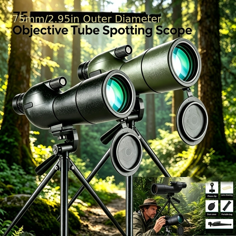 25-75x60 Portable Spotting Scope with Tripod & Phone Adapter - High Magnification Angled Eyepiece Monocular Telescope for Bird Watching, Shooting, Wildlife Viewing, Outdoor Travel & Camping