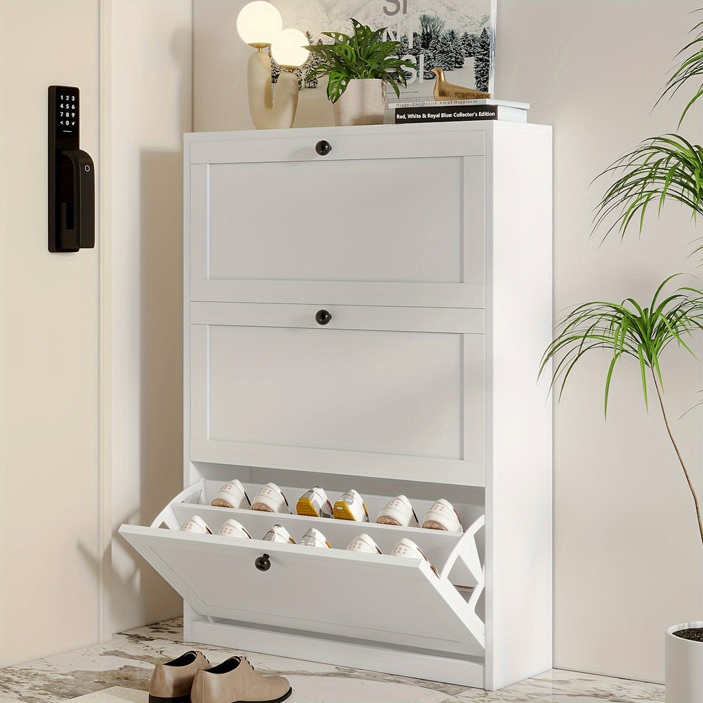 Narrow Shoe Cabinet with 3 Flip Drawers & Adjustable Shelf, Freestanding Hidden Shoe Organizer for Entryway Hallway Bedroom Apartment, Space-Saving Slim Shoe Storage Cabinet, Modern Design