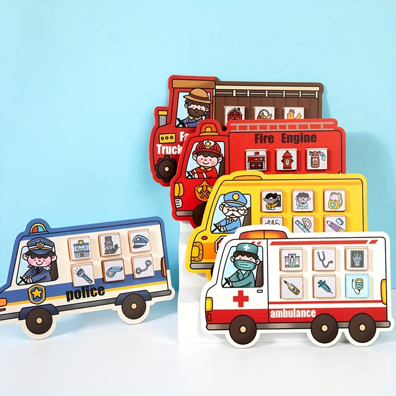 5-Theme Educational Vehicle Career Puzzle Building Blocks Toy Set, Farm Truck School Bus Police Car Ambulance & Fire Truck, Hand-Eye Coordination & Cognitive Skills Development Toy for Kids