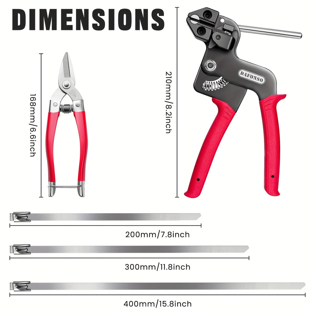 Stainless Steel Cable Tie Gun Kit - 155pcs 304 Metal Zip Ties in 3 Sizes, Tensioning & Cutting Tool, Self-Locking for Fence, Exhaust Pipe, Cable Bundling, Chicken Coop & Outdoor Repair - Red