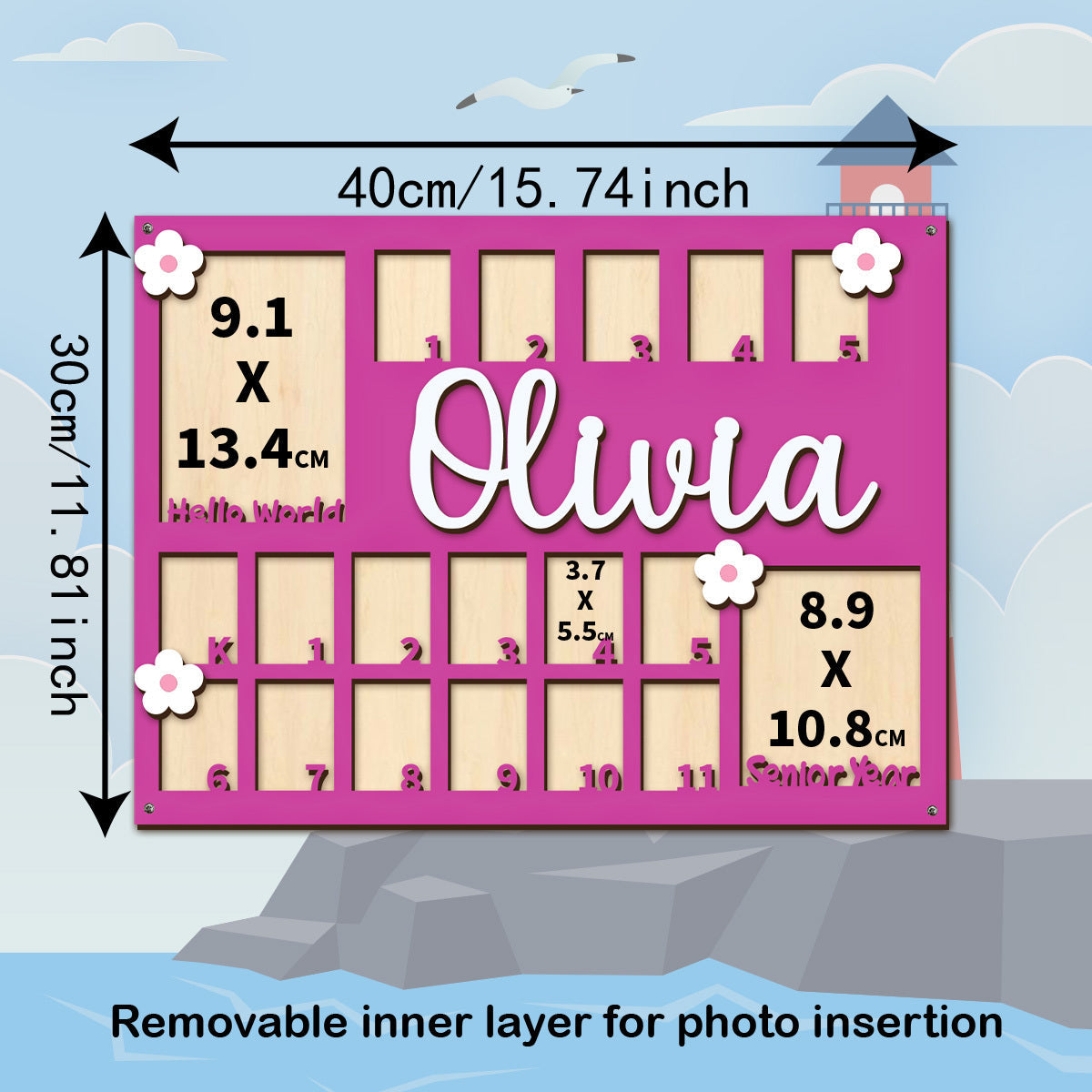 Personalized First Year Baby Growth Photo Frame, Custom Name Fresh Floral Mori Style Memory Frame, Baby Shower Party Decor Prop & Nursery Decoration, 6 Colors Blue Pink Khaki Purple Rose Red & Green