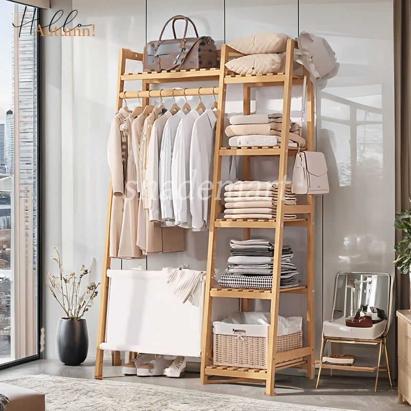 Bamboo Clothes Rack with Shelves Hat Hooks & Storage Bag – Adjustable Multi-Capacity Clothing Stand for Bedroom Closet in 32 / 51 / 75 Inch Brown & Natural