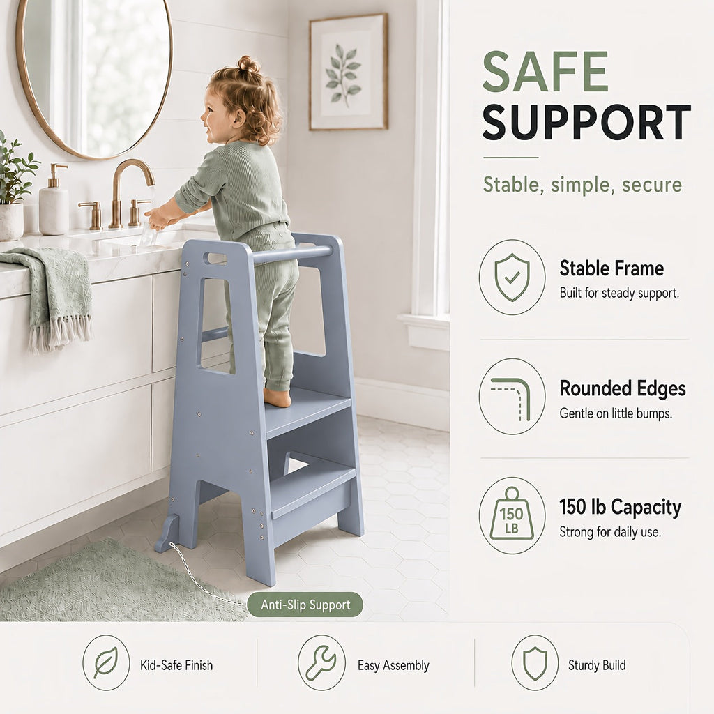 3-Level Adjustable Wooden Kitchen Step Stool with Safety Rail & Anti-Tip Support for Kitchen & Bathroom – White Black & Grey