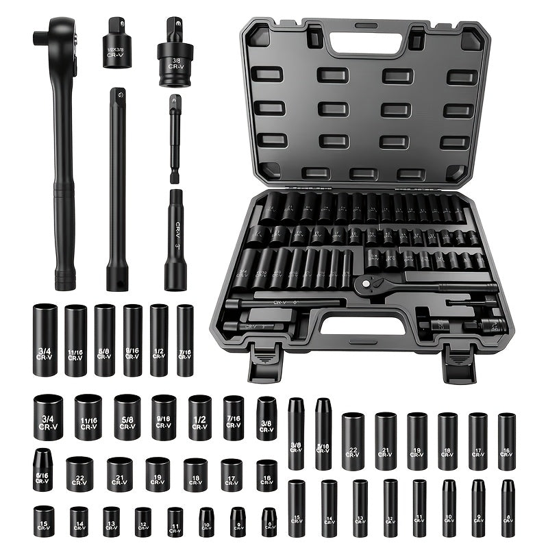 50-Piece 3/8-Inch Drive Impact Socket Set Metric 8-22mm & Imperial 5/16-3/4 In Hex Sockets with 1/4 & 3/8-In Bit Adapters Ratchet Handles & Portable Toolbox – Green Orange Purple Pink