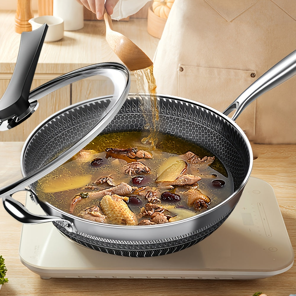 13.3" Tri-Ply Stainless Steel Non-Stick Wok with Lid, Spatula & Brush - Honeycomb Design, Works on All Stoves Including Induction, for Home Cooking & Camping