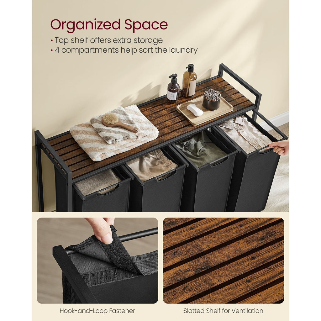 4-Compartment Laundry Sorter & Hamper, 42.3 Gallon Total (4x10.6 Gal), 4 Pull-Out Oxford Fabric Bags, Slatted Ventilation Shelf, 0.8" Steel Frame, Anti-Tip Kit, 45.7"x13"x28.4", Rustic Brown & Black