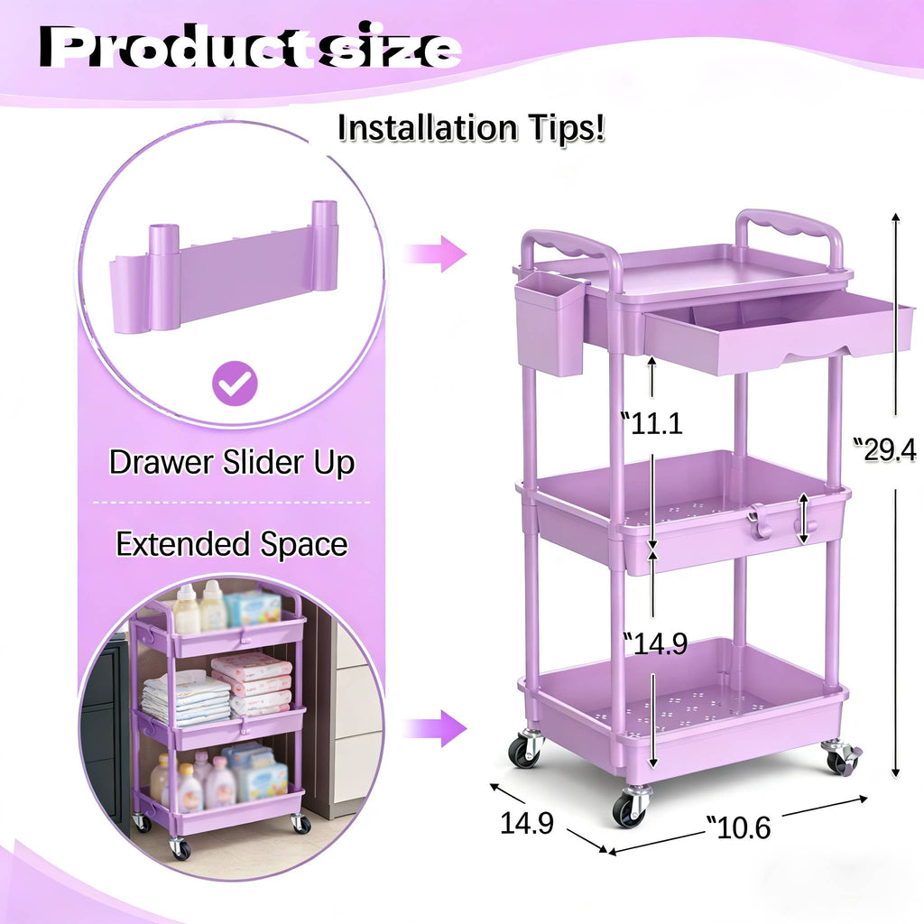 3-Tier & 4-Tier Mobile Nursery Storage Cart on Wheels, Space-Saving Rolling Organizer for Nursery & Baby Room Decor, Sturdy with Smooth Wheels, Baby Pink, Green, Blue, Purple, White, Black & Grey