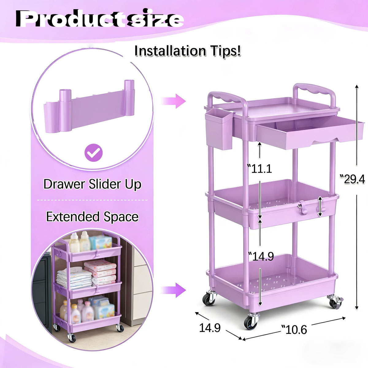 3-Tier & 4-Tier Mobile Nursery Storage Cart on Wheels, Space-Saving Rolling Organizer for Nursery & Baby Room Decor, Sturdy with Smooth Wheels, Baby Pink, Green, Blue, Purple, White, Black & Grey