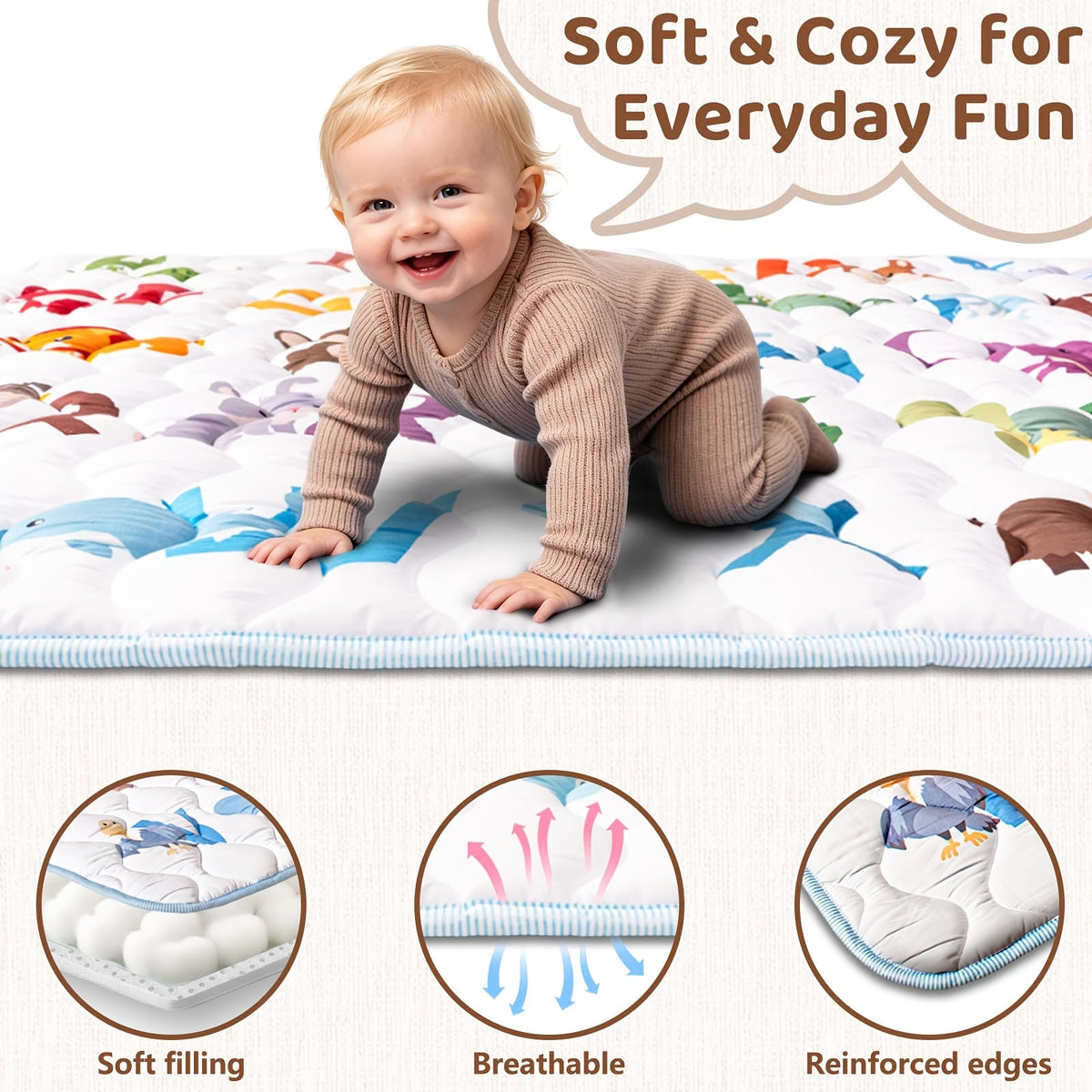 Baby Play Mat 50x50", Super Soft Anti-Slip Machine Washable Playpen Crawling Activity Mat for Floor & Picnic, Animal Alphabets, Boho Nature, Rainbow, Geometry, High Contrast, USA Map & Vehicles