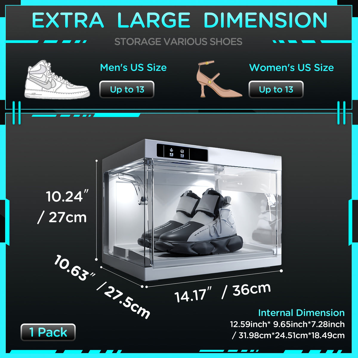 LED Shoe Storage Box Transparent Stackable with Auto-Open Lid, Intelligent Control Clear Plastic Sneaker Display Case for Sports Shoe Collection & Wardrobe Closet Organization, White 1 or 4 Pack