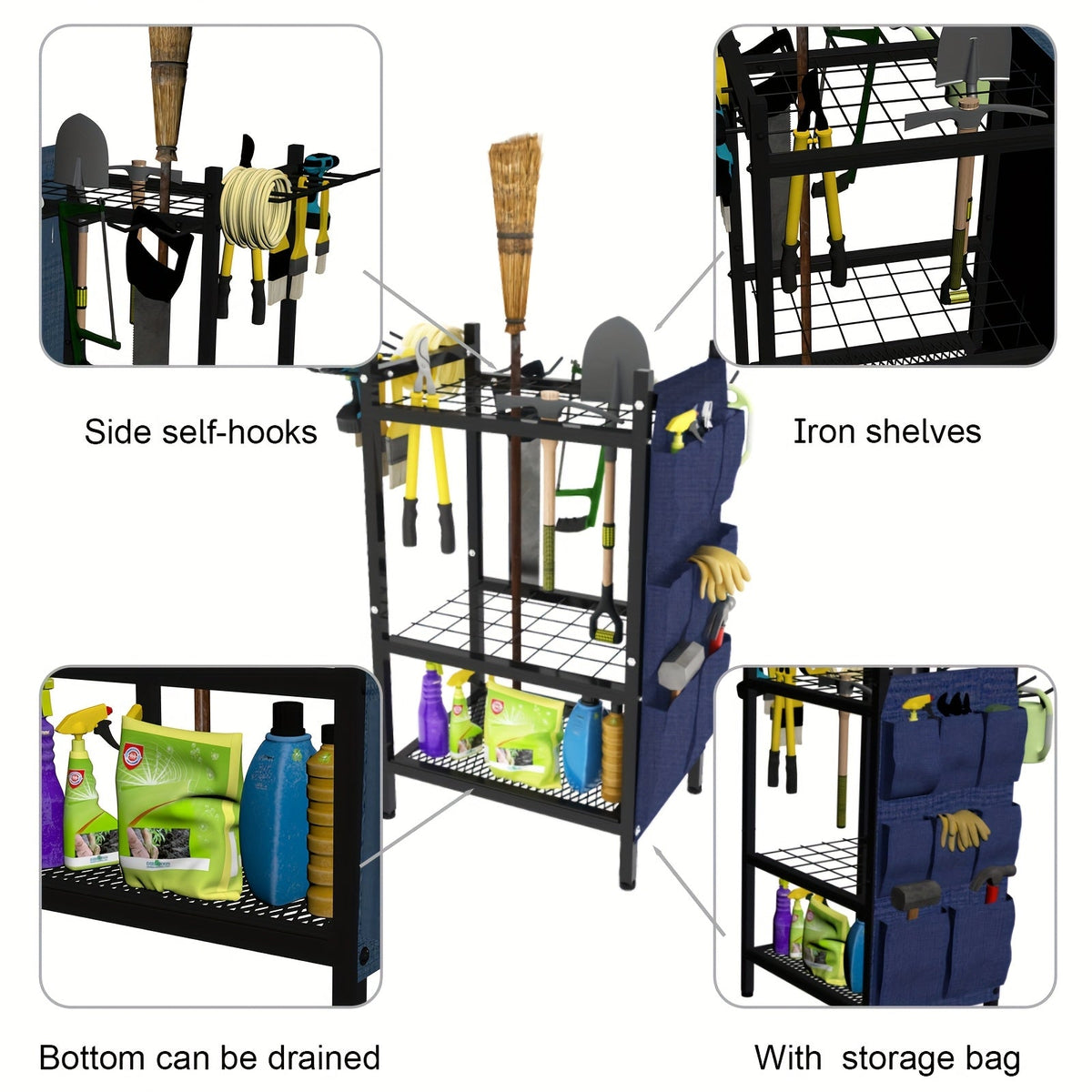 Metal Garden Tool Organizer Rack with Storage Bag - Holds 35 Long-Handled Tools - Broom, Shovel & Rake Holder - Heavy-Duty Garage, Outdoor & Yard Storage - Black