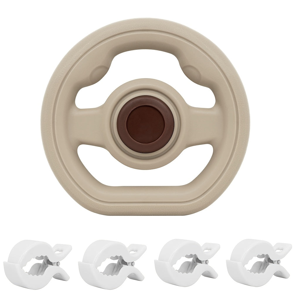 4-Piece Baby Stroller Blanket Clips with Simulation Steering Wheel Toy, Adjustable Universal Pram Blanket Pegs for Sun Wind & Insect Protection, Tool-Free Stroller Accessory, Black Khaki Blue & Pink