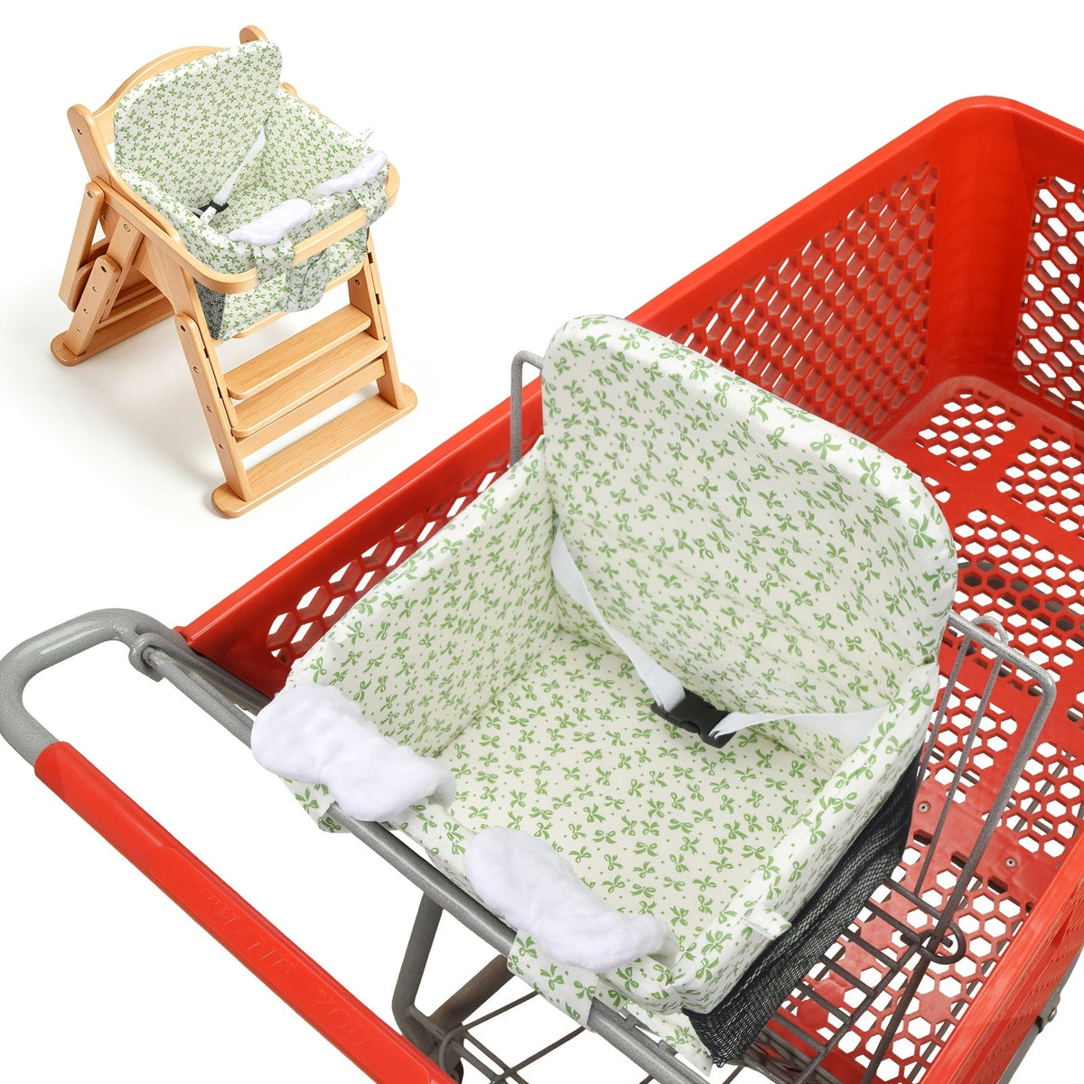 Baby Shopping Cart Cover & High Chair Cushion, Soft Padded Fully Enclosed Seat Cushion with Side Pocket, Portable Foldable Infant Seat Cover for Grocery Cart & Wooden Dining Chair