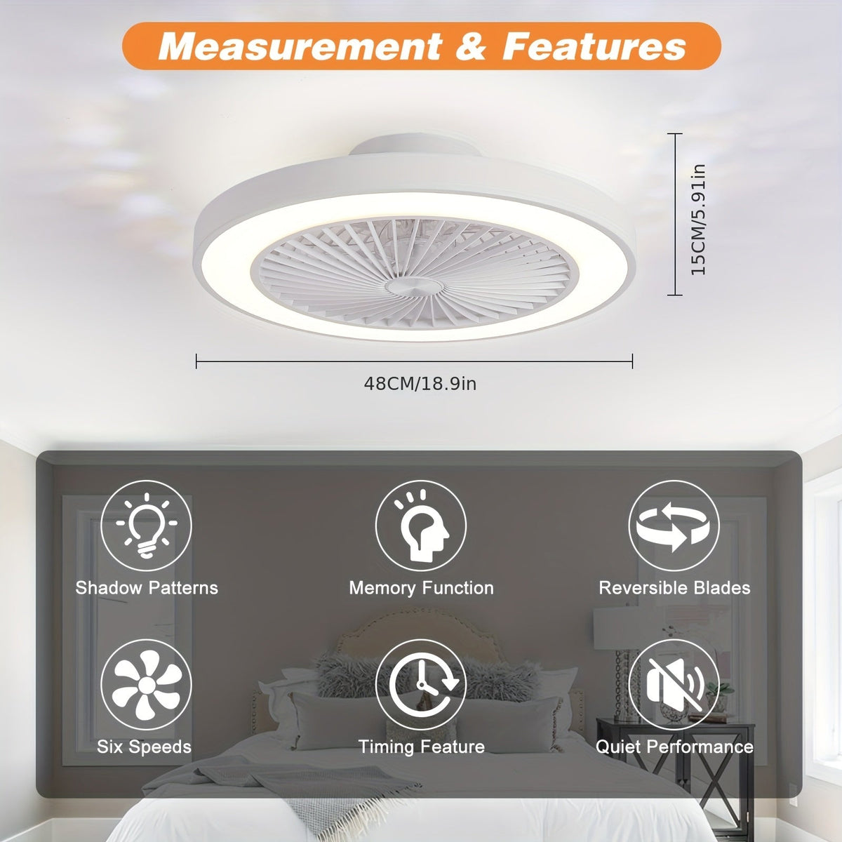 20-Inch Enclosed Ceiling Fan with Light & Remote – Dimmable 3000K-6500K + 1800K Amber Nightlight 6-Speed Reversible Quiet DC Motor 41W for Bedroom Kitchen Living Room in White & Black