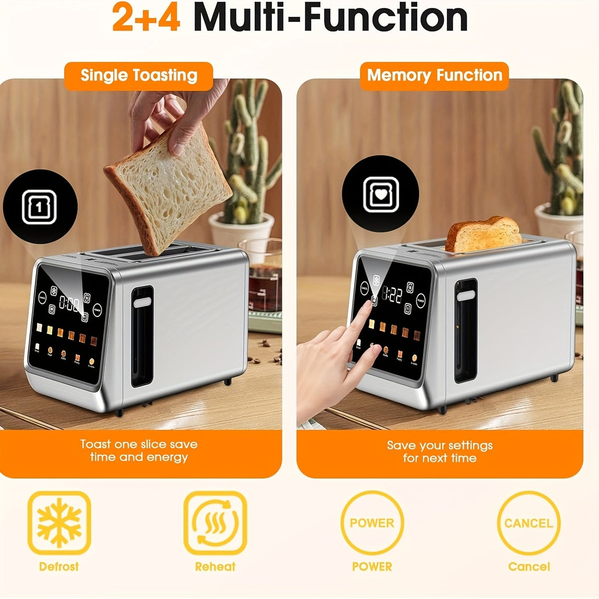 Touch Screen 2-Slice Toaster Stainless Steel Smart Digital with Memory Function 5 Bread Types 6 Shade Settings 1.5 Inch Wide Slot 900W for Home Kitchen
