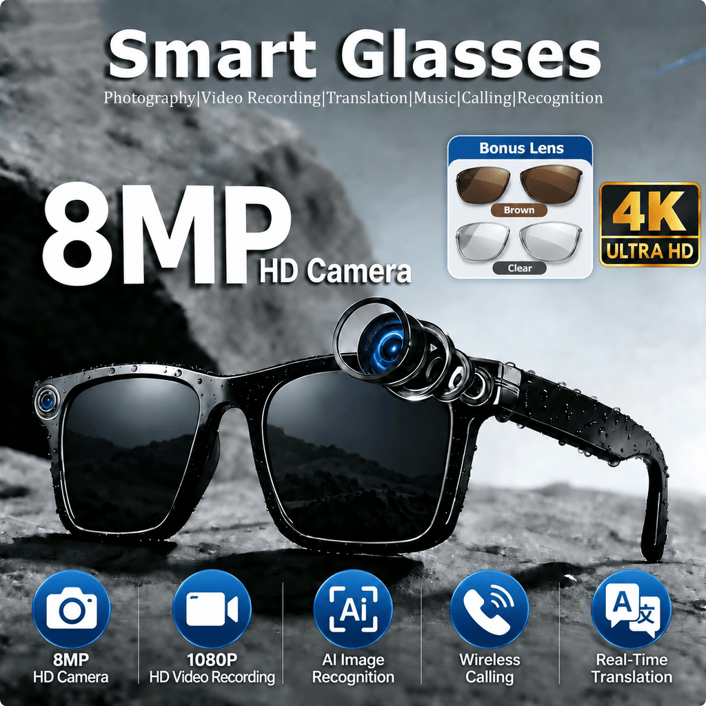 AI Smart Glasses with 8MP Camera & Real-Time Translation - HD Video Recording, Bluetooth Calls & Music, Touch Control, AI Recognition, 3 Interchangeable Lens Pairs, Travel & Outdoor - Black
