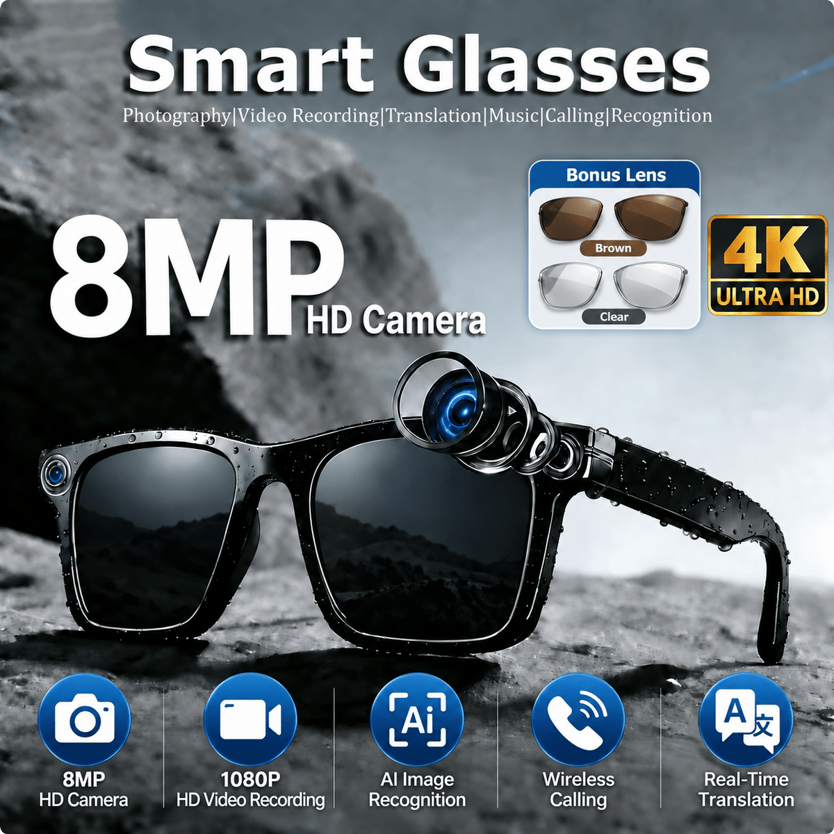 AI Smart Glasses with 8MP Camera & Real-Time Translation - HD Video Recording, Bluetooth Calls & Music, Touch Control, AI Recognition, 3 Interchangeable Lens Pairs, Travel & Outdoor - Black
