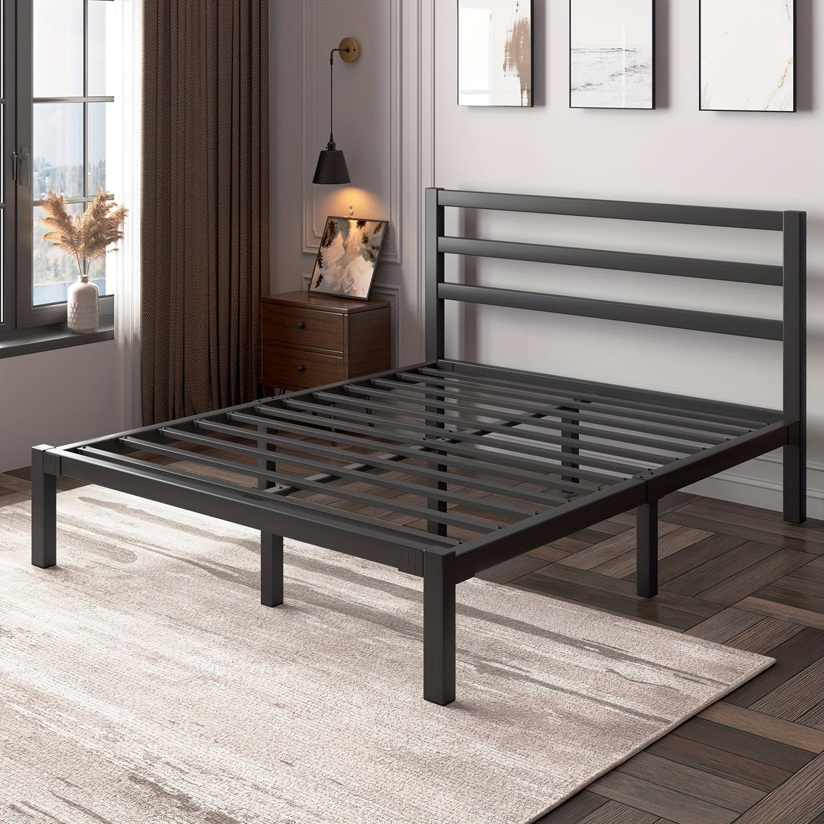 Metal Platform Bed Frame with Slatted Headboard – Under-Bed Storage Sturdy Metal Slats No Box Spring Needed in Black & White Twin Full Queen & King