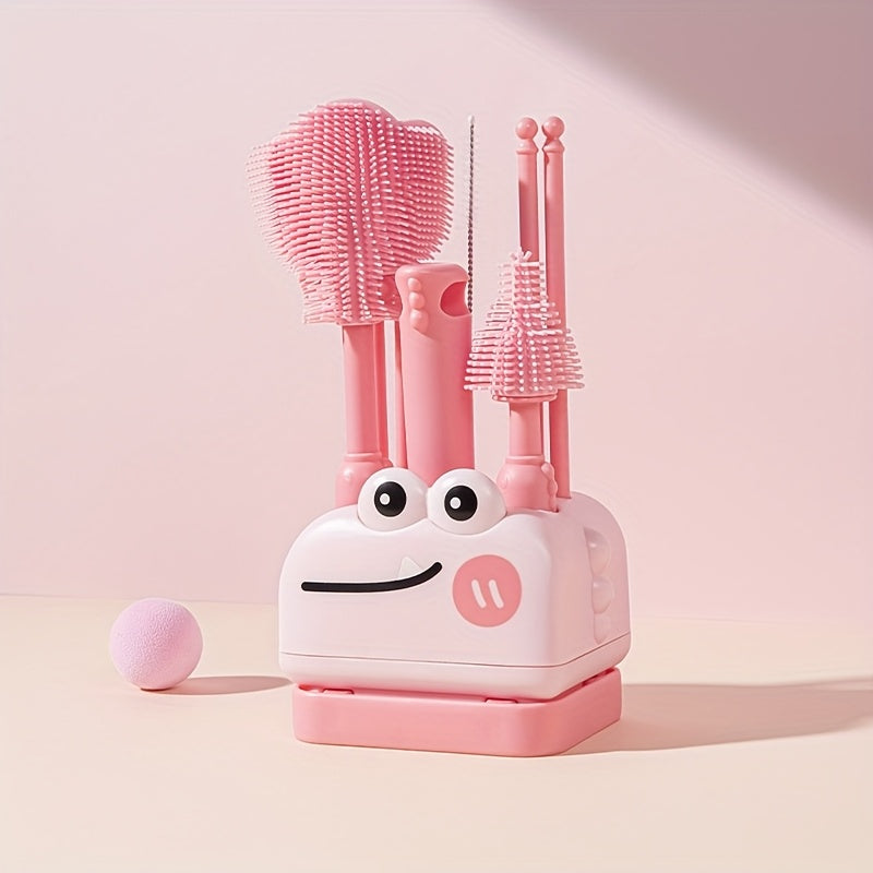 8-in-1 Silicone Baby Bottle Brush Cleaning Set with Portable Case, Drying Rack, Straw Brush & Nipple Brush, All-in-One Feeding Accessory for Home & Outdoor Use, 3 Colors Including Beige Green & Pink