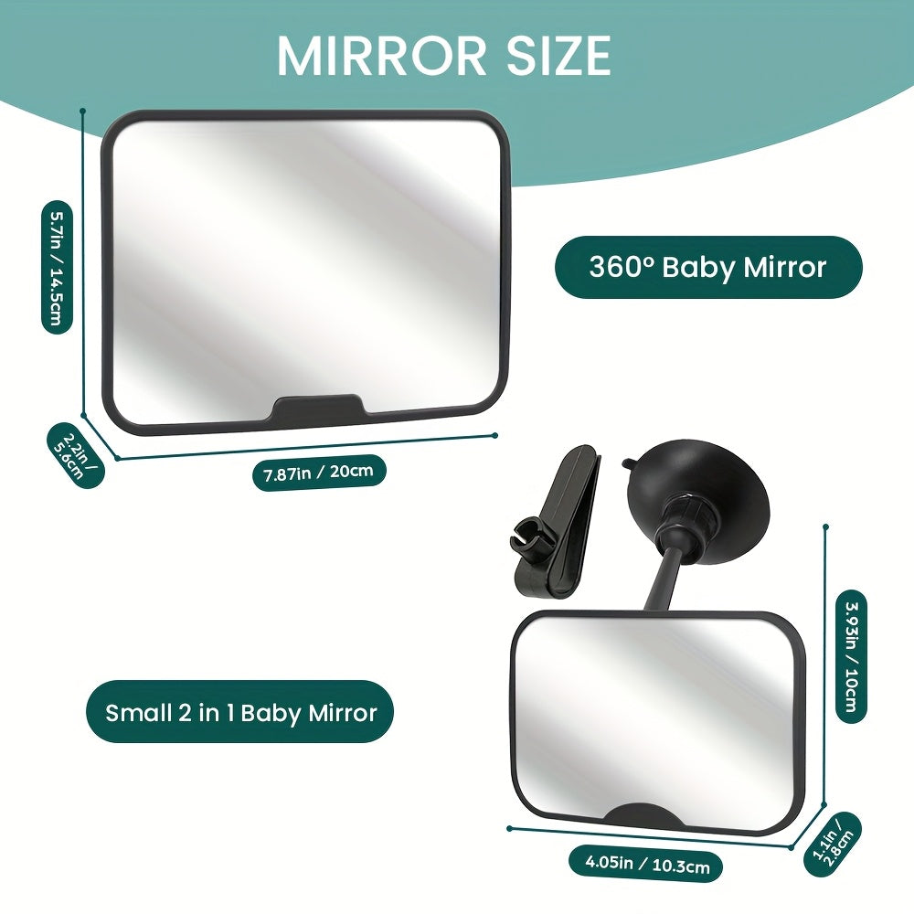 2-Piece Baby Car Mirror Set, 360° Rotatable Shatterproof Rear-Facing Car Seat Mirror & Clip-On Forward-Facing Mirror, Wide Crystal Clear View, Universal Fit, Black Gray & Pink