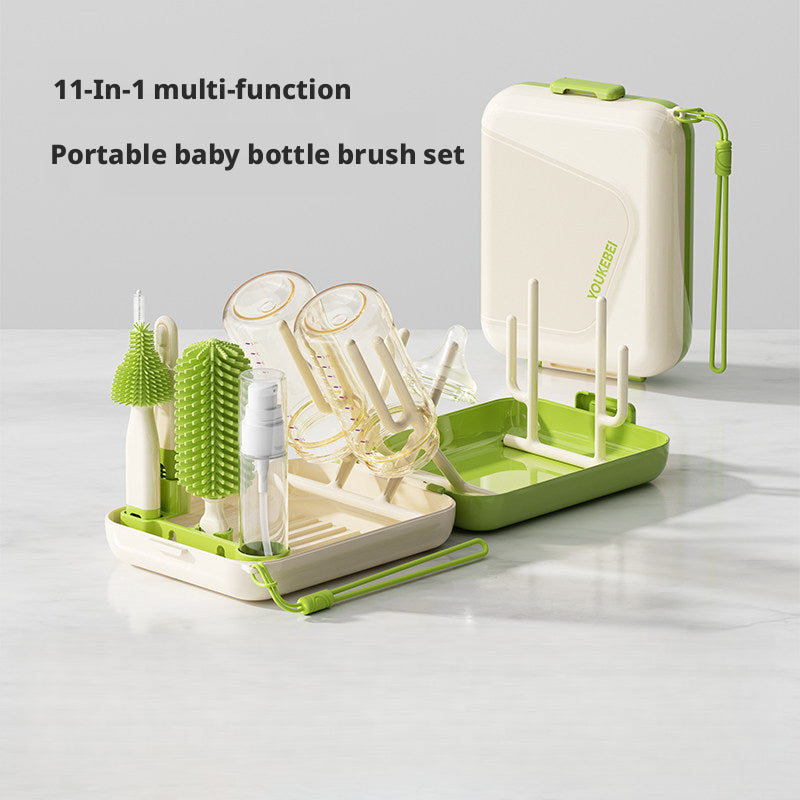 11-in-1 Multifunctional Baby Bottle Brush Cleaning Kit, Portable Travel Set with Nipple Brush, Foldable Stand & Draining Rack for Bottles, 5 Colors