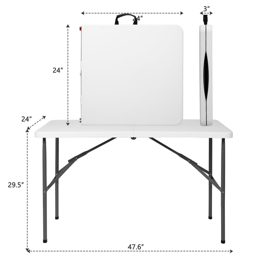 Plastic Folding Table 4ft/6ft - Rectangular Center-Fold Portable Table with Carry Handle for BBQ, Outdoor, Camping & Party - White - Seats 4-8 Persons