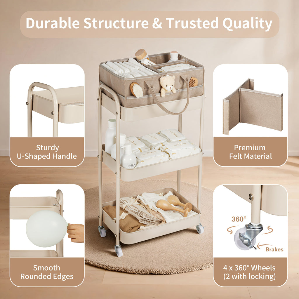 3-Tier Rolling Nursery Storage Cart with Dividers & Drawers, Mobile Diaper Caddy Organizer on Wheels for Changing Table Crib & Bedroom, Easy Assembly Nursery Cart