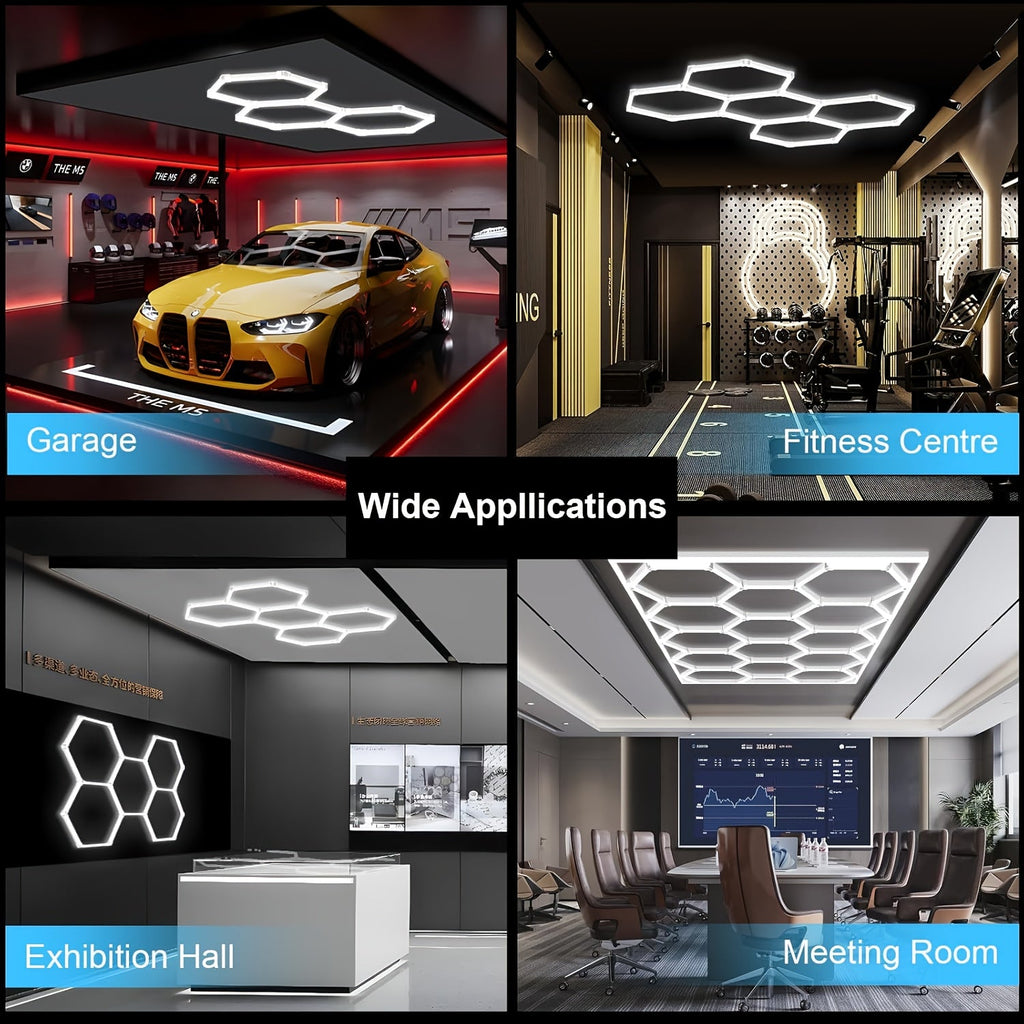 Hexagonal LED Garage Lights - 6500K Daylight White, Snap-On Install, V0 Flame-Retardant, Linkable for Garage, Workshop, Gym & Exhibition Hall - 2 to 22 Grid & HEX Configurations