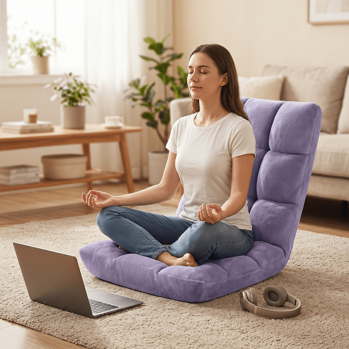 Adjustable Foldable Floor Chair Thick Padded Plush – 14-Position Lazy Sofa Gaming Reading Meditation Yoga Lounger for Bedroom Dorm Apartment