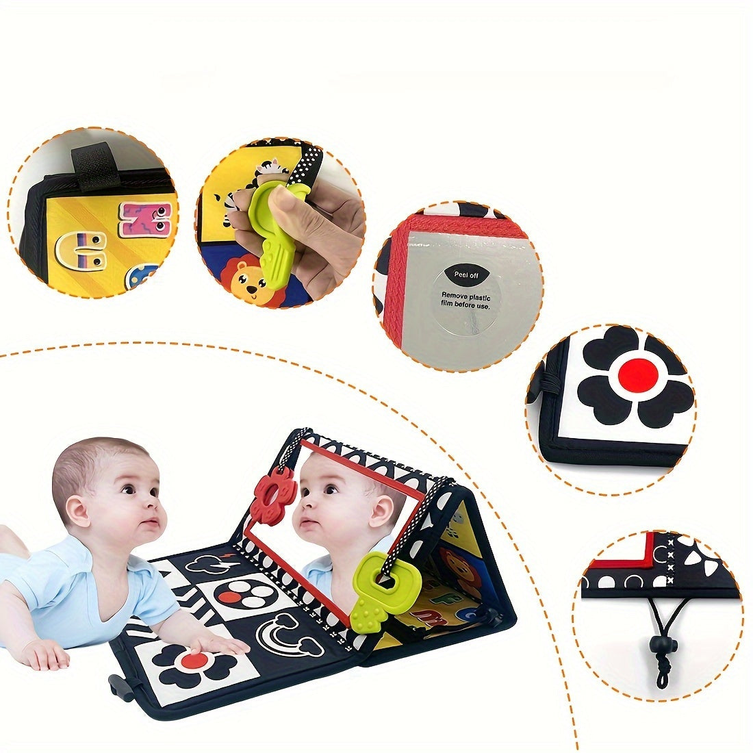 Double-Sided High Contrast Tummy Time Mirror & Teether, Black & White Sensory Toy for Newborns & Infants, Developmental Crawling Aid with Four-Fold Design