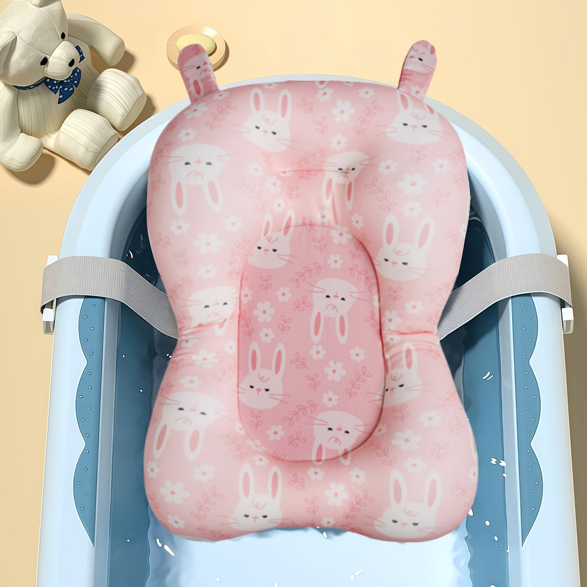 Baby Bath Support Mat Cushion for Newborns, Non-Slip 3-Point Adjustable Infant Shower Net Seat with Cute Cartoon Prints, Safe Bathing Aid for Boys & Girls (Tub Not Included)
